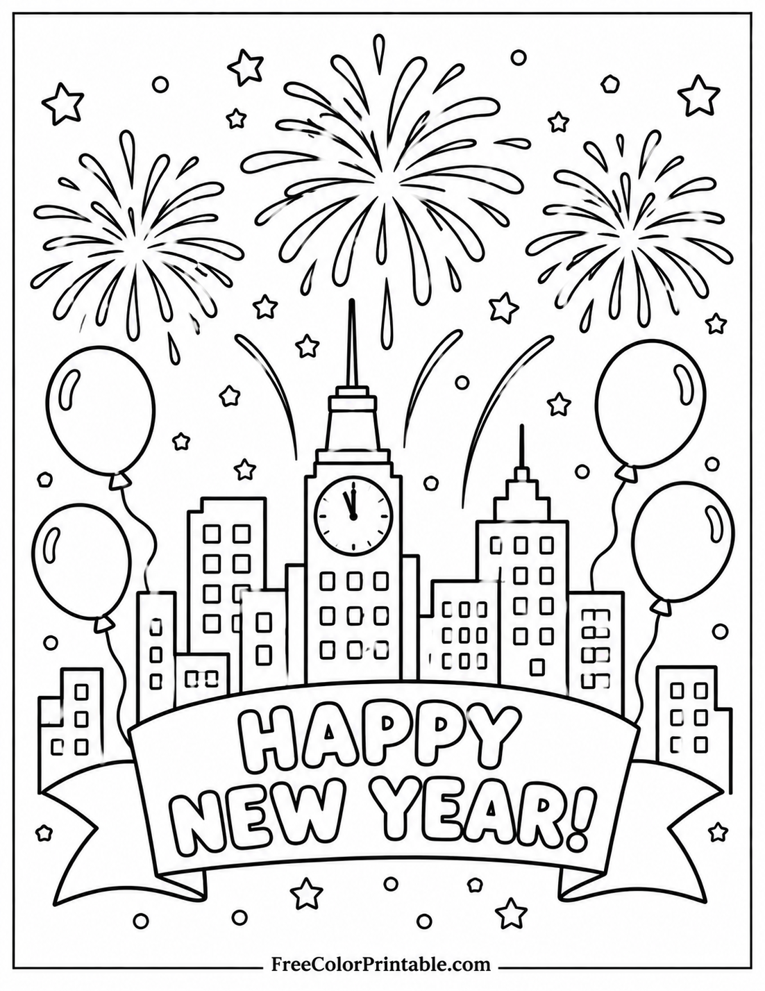 New Year skyline with fireworks Coloring Page — Free Printable — free printable coloring page